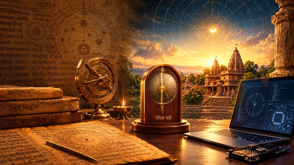 Vikramaditya Vedic Clock precision microcontroller motherboard calibrated to ancient Sanskrit astronomical algorithms